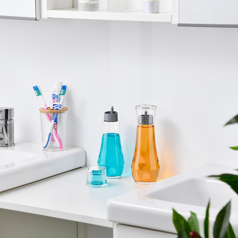 VITVITI Glass Mouthwash Dispenser for Bathroom, 8.8OZ Mouth Wash Container Bottle with Lid Cup, Small Clear Refillable Mouthwash Dispenser Decanter for Countertop, Set of 2, Gray - Image 4